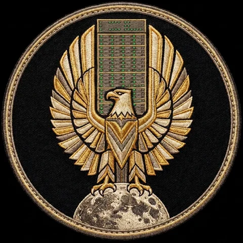 Mission emblem: an art-deco eagle standing on the Moon