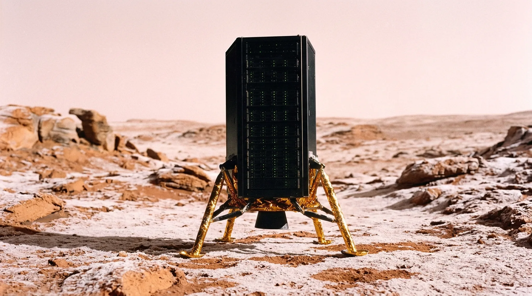 The lander on a winter morning on Mars, coated in the same frost as every rock around it